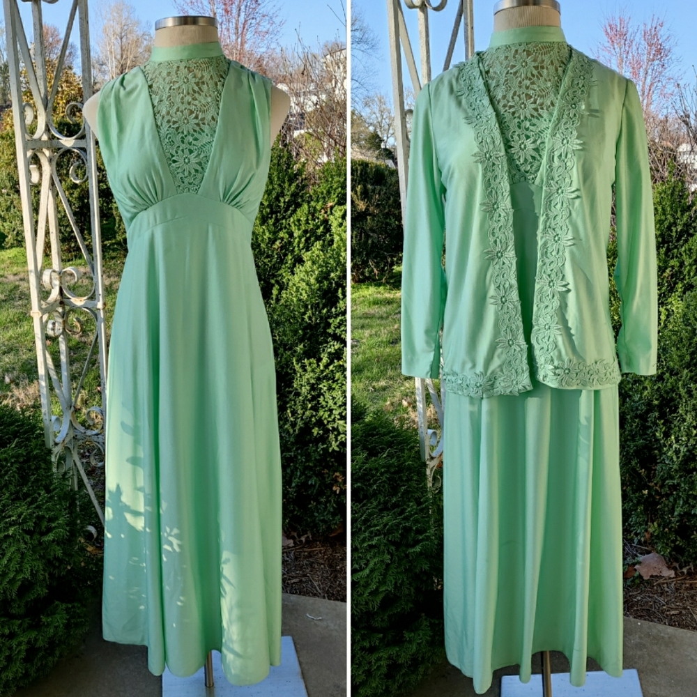 M/L 1970s Mint Green Maxi Prom / Bridesmaid Dress